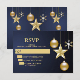 Cartão RSVP Christmas Party Golden Ornaments Navy Blue Elegant