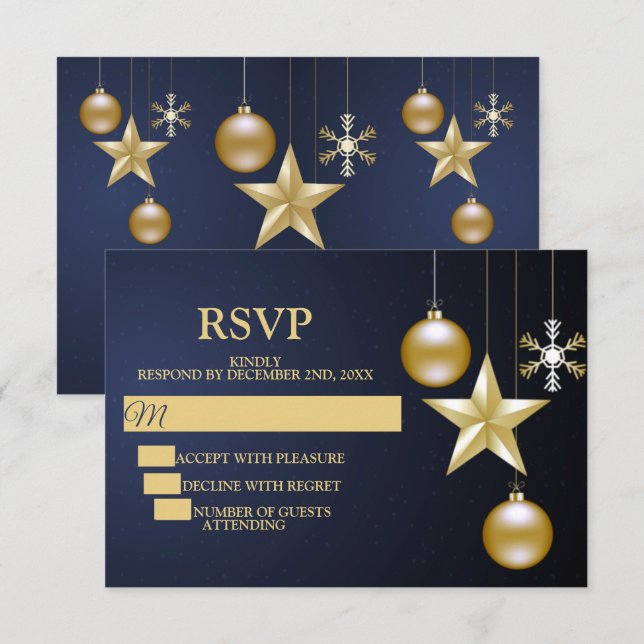Cartão RSVP Christmas Party Golden Ornaments Navy Blue Elegant (Frente/Verso)