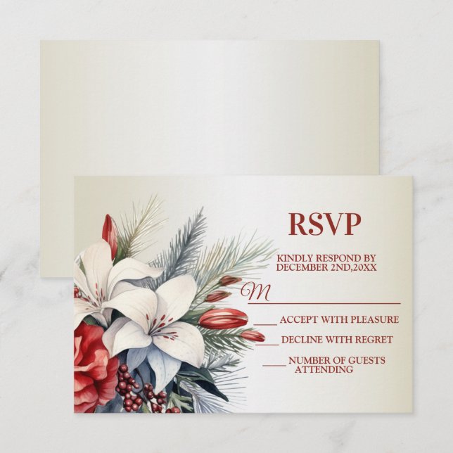 Cartão RSVP Christmas White Red Flowers Holidays Elegant (Frente/Verso)