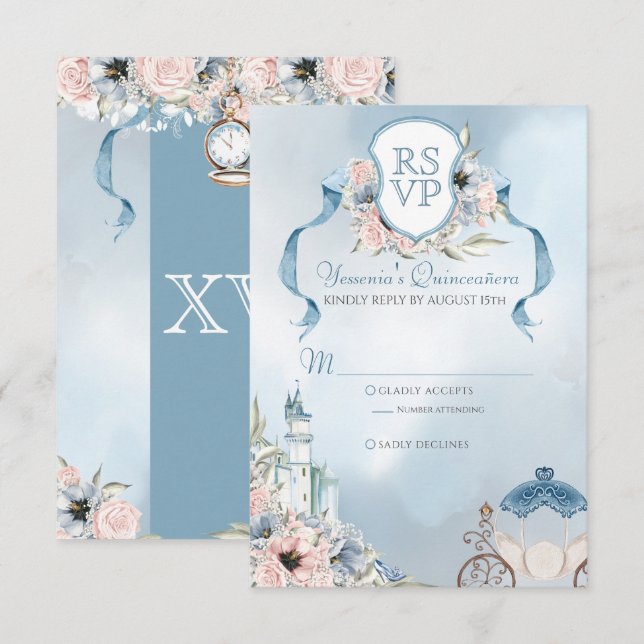 Cartão RSVP Cinderella Fairytale Elegante Quinceanera Azul (Frente/Verso)