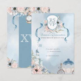 Cartão RSVP Cinderella Fairytale Elegante Quinceanera Azul