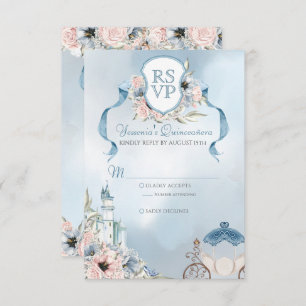 Cartão RSVP Cinderella Fairytale Elegante Quinceanera Azul