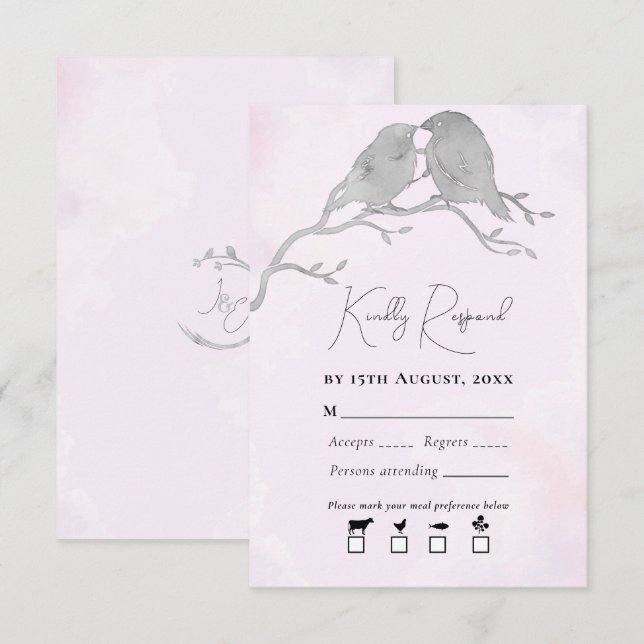 Cartão RSVP Cinza Aves Aquáticas De Cores Aquáticas De Ramific (Frente/Verso)
