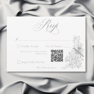 Cartão RSVP Cinza Chinoiserie Natureza e Aves Casamento QR