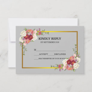 Cartão RSVP Cinza com Dusty de Água, Dourada Blush Peach Flora