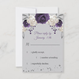 Cartão RSVP Cinza de flores brancas roxas e poeirentas