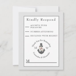 Cartão RSVP Cinza de Prata de Âncora Floral Náutica Branca