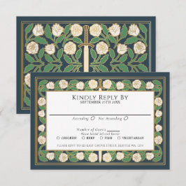 Cartão RSVP Cinza Dourado Branco Floral Espada Casamento Real 
