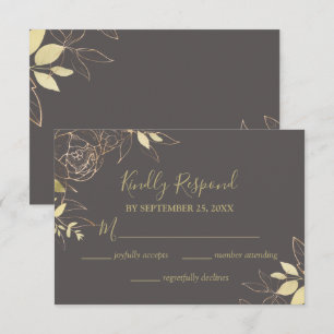 Cartão RSVP Cinza e Casamento Floral de Peony Dourado