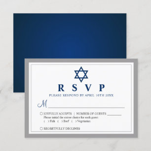 Cartão RSVP Cinza Elegante e Bar Azul Marinho Mitzvah