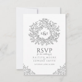 Cartão RSVP Cinza escura monograma de folha desenhado casament