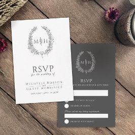 Cartão RSVP Cinza escura monograma de folha desenhado casament