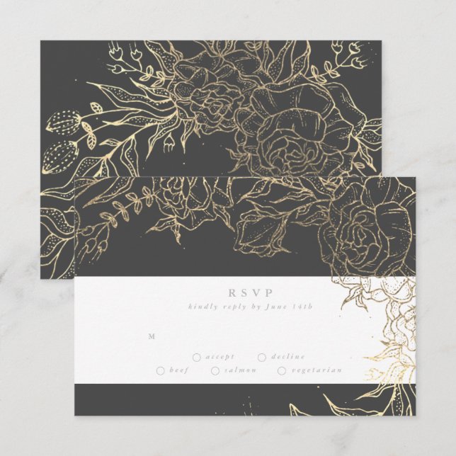 Cartão RSVP Cinza Floral Casamento de Ferro Ore Dourado Elegan (Frente/Verso)