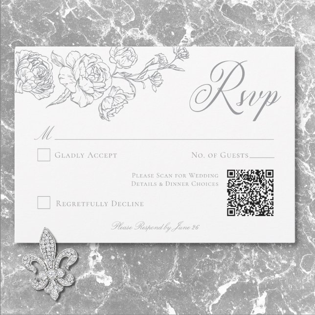 Cartão RSVP Cinza legante Chinoiserie Bird & Crest Wedding QR (Elegant Gray Chinoiserie Bird & Crest Wedding QR RSVP Card)