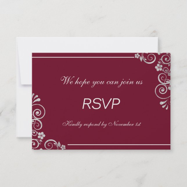 Cartão RSVP Cinza Silver Moderno Burgundy Casamento Floral RSV (Frente)