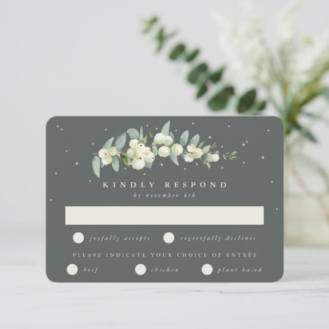 Cartão RSVP Cinza Verde Snowberry+Eucalyptus Stem Weding (Em pé/Frente)