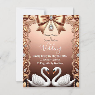 Cartão RSVP 🌸 Cisnes Brancos Casamento em Dourado Rosa