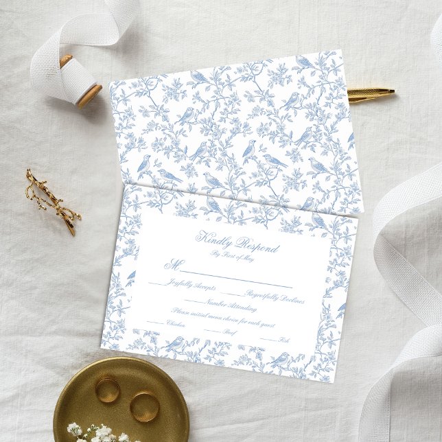 Cartão RSVP Classic Blue Floral Garden Toile Response Card (Criador carregado)