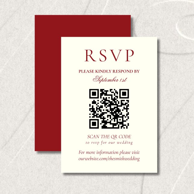 Cartão RSVP Classic Burgundy Red Minimalist Wedding QR Code (Classic Burgundy Red Minimalist Wedding QR Code RSVP Card)