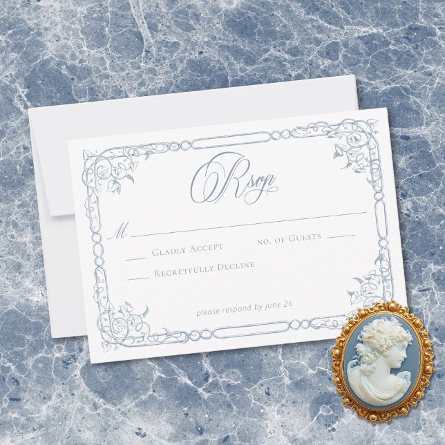 Cartão RSVP Classic Elegant Dusty Blue Floral Frame Wedding (Classic Elegant Dusty Blue Floral Frame Wedding RSVP Card)