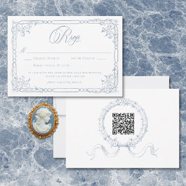 Cartão RSVP Classic Elegant Dusty Blue Floral Frame Wedding QR