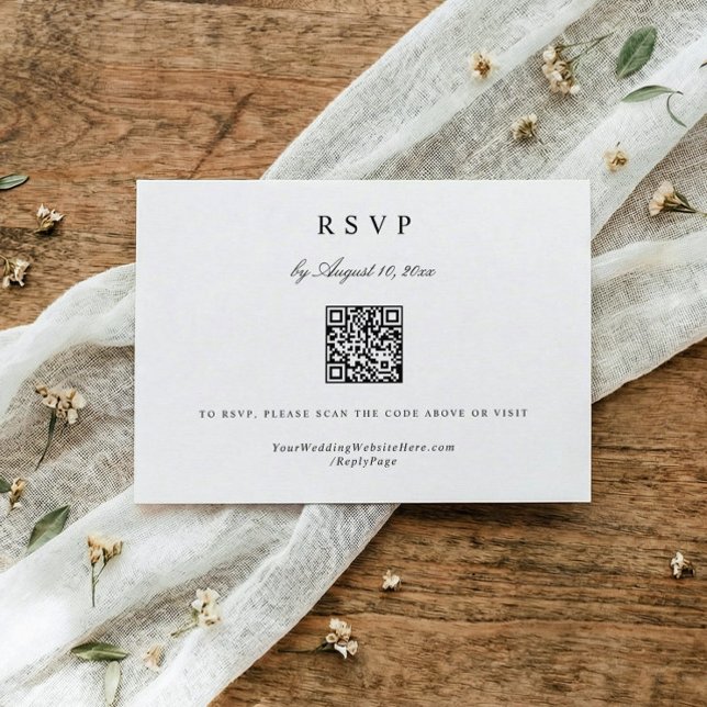 Cartão RSVP Classic Simple Modern Elegant Wedding QR Code (Black and white wedding RSVP card with elegant calligraphy and QR code for RSVP)