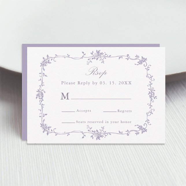 Cartão RSVP Classic Victorian Lavender Floral Frame Wedding (Criador carregado)