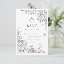 Cartão RSVP Classic White Black Floral Wedding