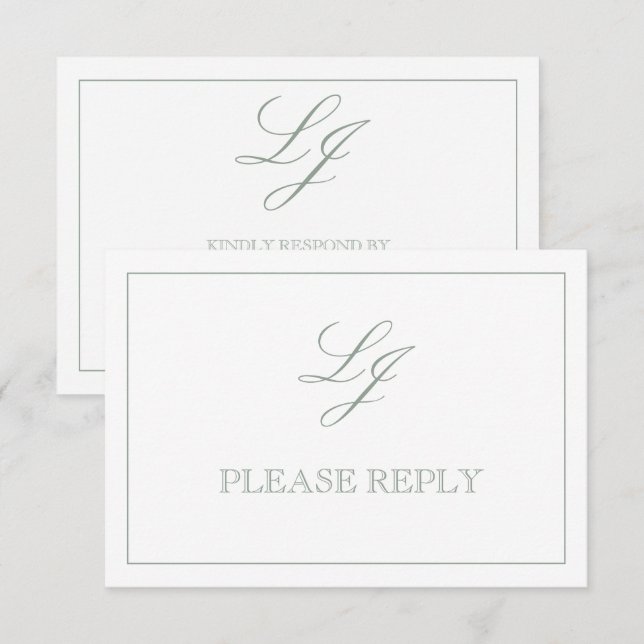 Cartão RSVP Clássica Caligrafia Verde Monograma sem Refeições (Frente/Verso)