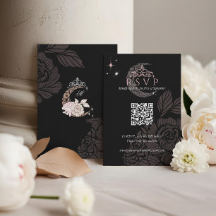 Cartão RSVP Clássica da Lua Floral Estrelas Tiara Quinceañera 