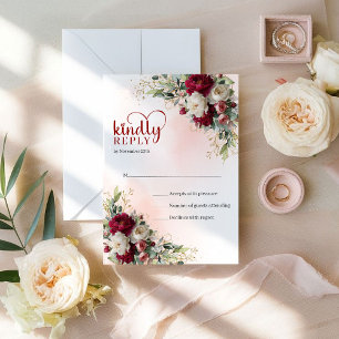 Cartão RSVP Clássico Casamento Flores Vermelhas e Brancas Dour