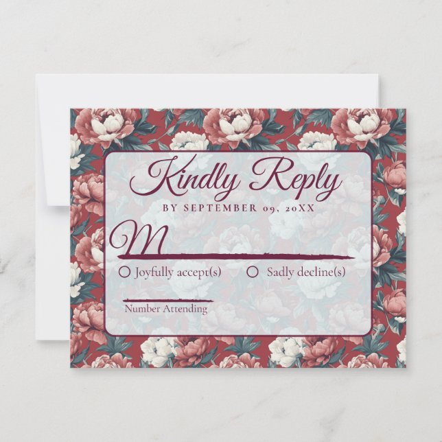 Cartão RSVP Clássico Casamento Rústico de Peônias Florais  (Frente)