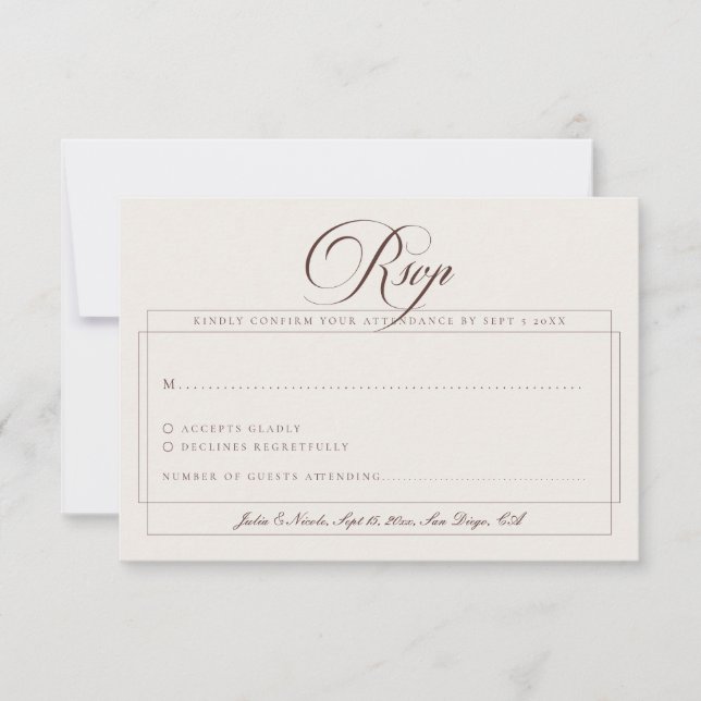 Cartão RSVP Clássico Choco Marrom Marfim Caligrafia Casamento (Frente)