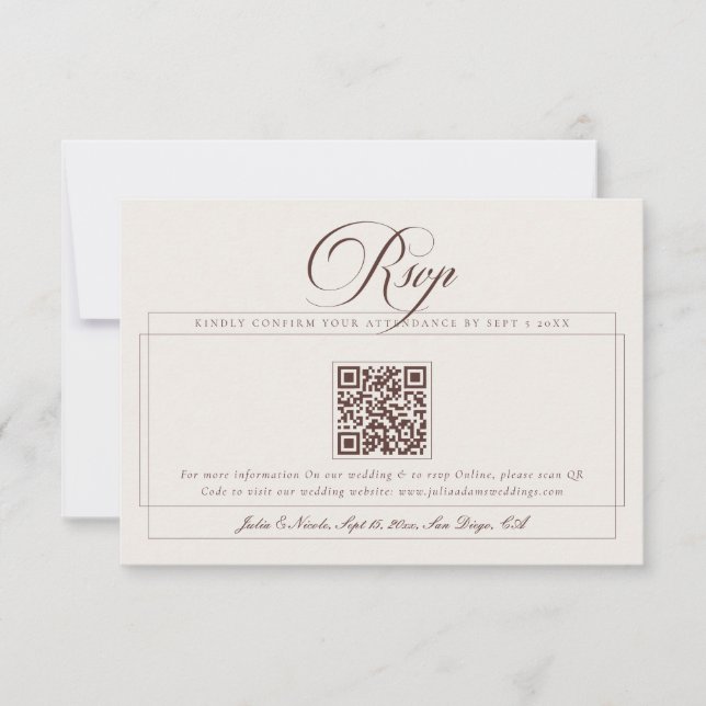 Cartão RSVP Clássico Choco Marrom Marfim Caligrafia QR Casamen (Frente)