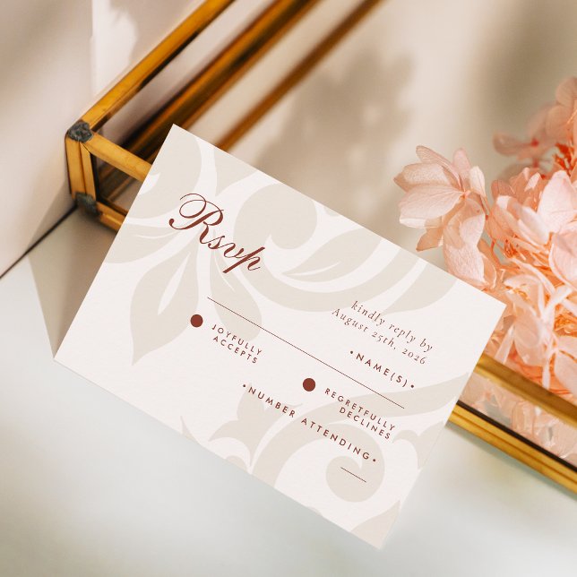 Cartão RSVP Clássico Damask Ivory Sienna Foto de Casamento RSV (Criador carregado)