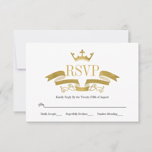 Cartão RSVP Clássico de Casamento Dourado Crest (Frente)