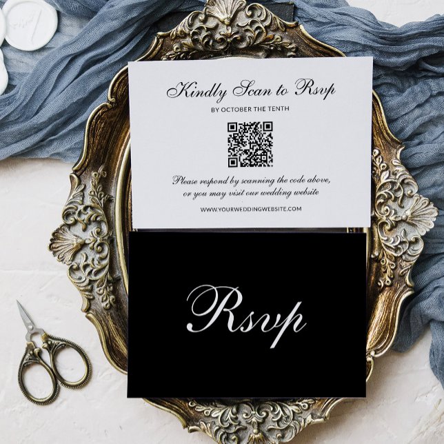 Cartão RSVP Clássico e Formal Preto | Código QR Casamento (Criador carregado)