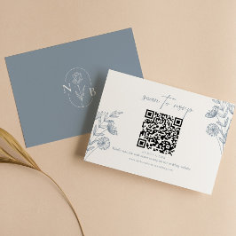 Cartão RSVP Clássico Floral Azul Dusty Código QR Mínimo de Cas