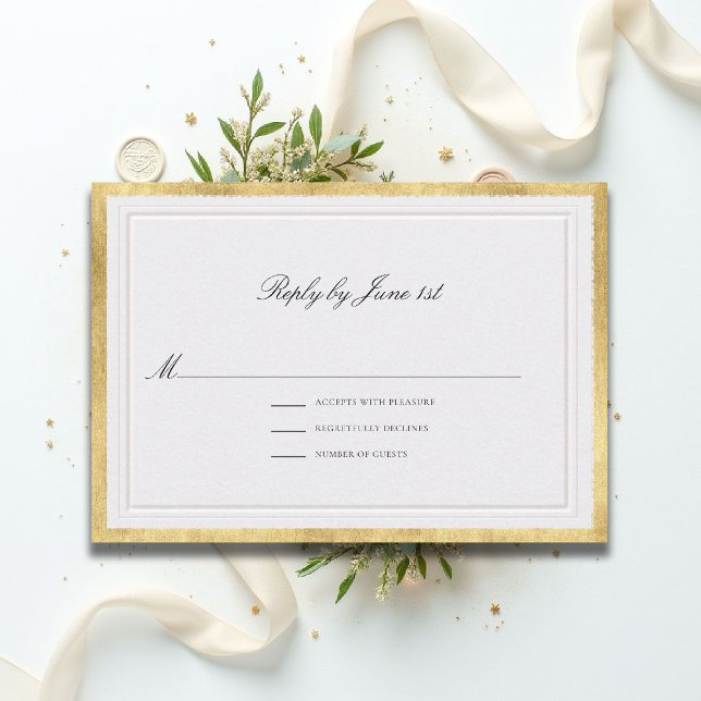 Cartão RSVP Clássico Formal Elegante Pérola Ouro Casamento (formal traditional wedding RSVP response modern classic double frame gold ballroom black tie pearl)