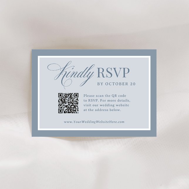 Cartão RSVP Clássico Luxo | Casamento Código QR Azul Elegante (Criador carregado)