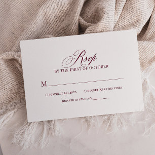Cartão RSVP Clássico Luxo   Casamento Simples Branco e Borgonh