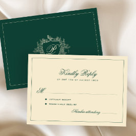 Cartão RSVP Clássico monograma de crista esmeralda verde casam