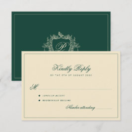 Cartão RSVP Clássico monograma de crista esmeralda verde casam