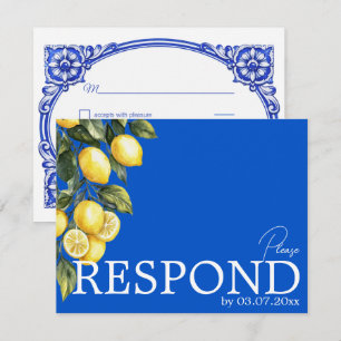 Cartão RSVP 💙🍋Clássico QR Simples Azul & Limone Romance