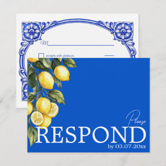 Cartão RSVP 💙🍋Clássico QR Simples Azul & Limone Romance