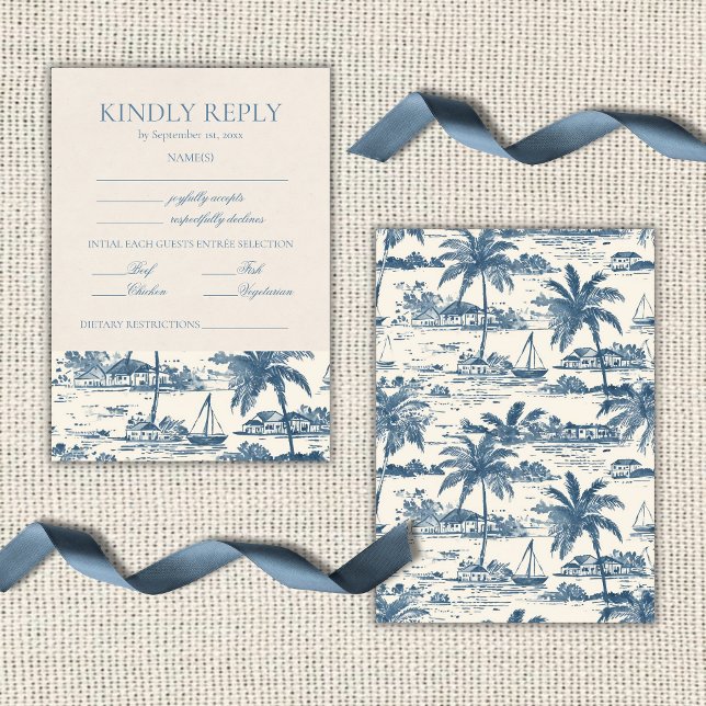 Cartão RSVP Coastal Toile Classic Script Dusty Blue  (Coastal Toile Classic Script Dusty Blue RSVP Card)