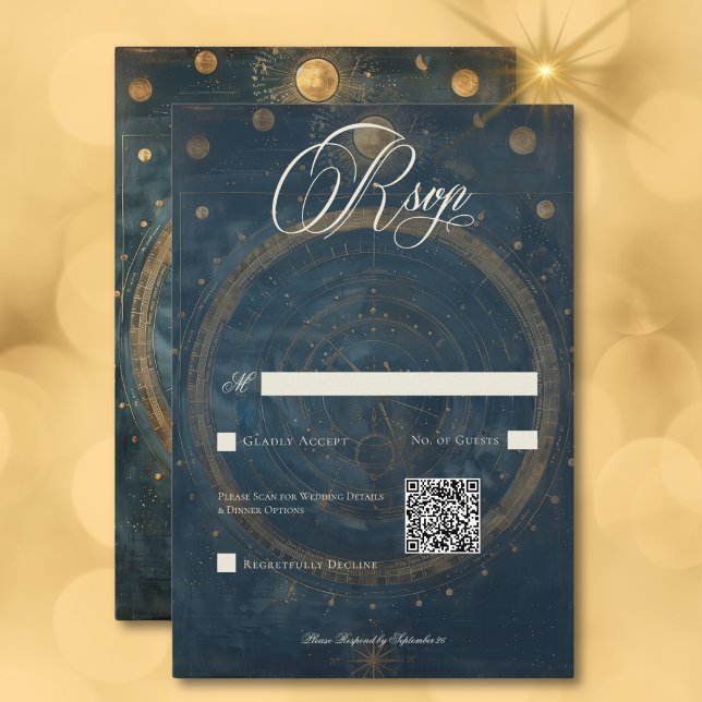 Cartão RSVP Cód. QR da Lua Azul Crescente Celestial (Celestial Midnight Blue Crescent Moon QR Code RSVP Card)