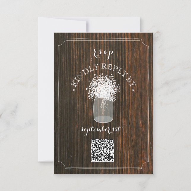 Cartão RSVP Cód. QR da madeira Mason Jar (Frente)