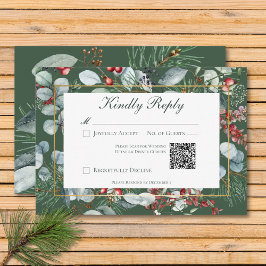 Cartão RSVP Cód. QR Verde Verde do Natal de inverno