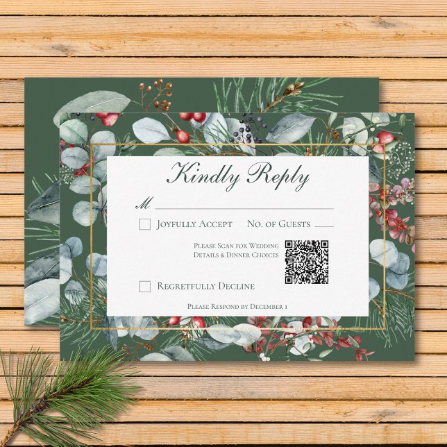 Cartão RSVP Cód. QR Verde Verde do Natal de inverno (Winter Christmas Greenery Green QR Code RSVP Card)